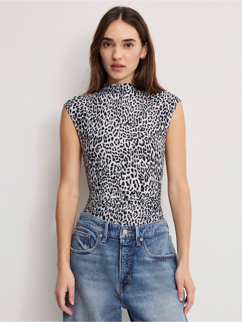 Good American Leopard Print Sleeveless Mock Neck Bodysuit